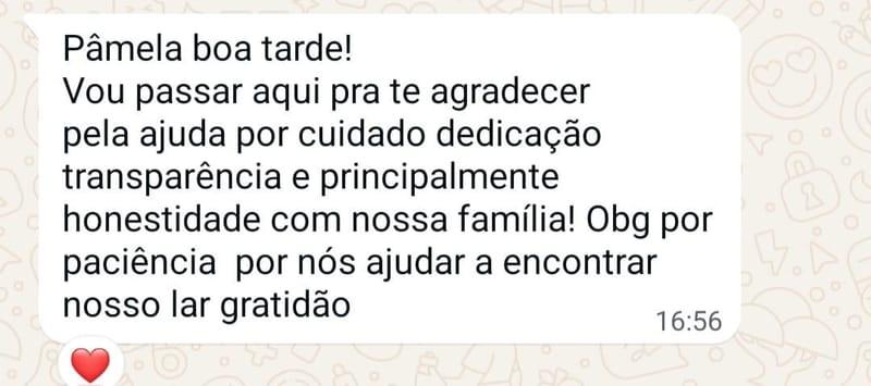 Mensagem de agradecimento de um cliente para a Pamela Gomes