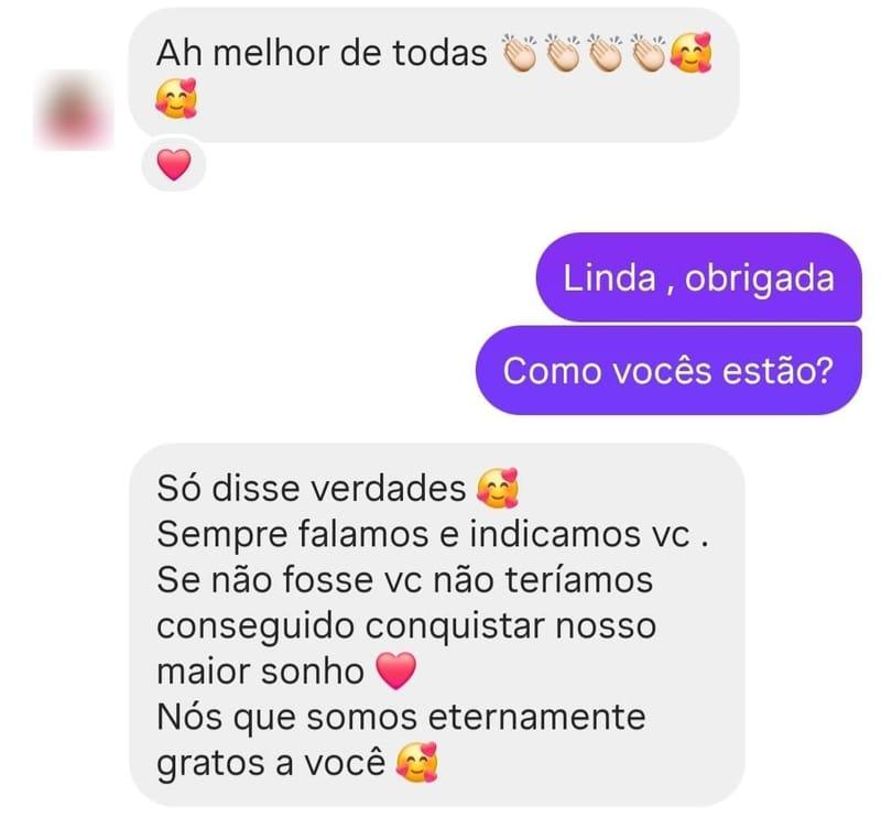 Mensagem de agradecimento de um cliente para a Pamela Gomes