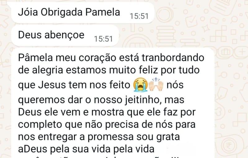 Mensagem de agradecimento de um cliente para a Pamela Gomes