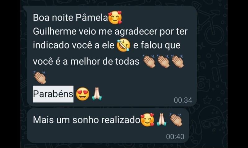 Mensagem de agradecimento de um cliente para a Pamela Gomes