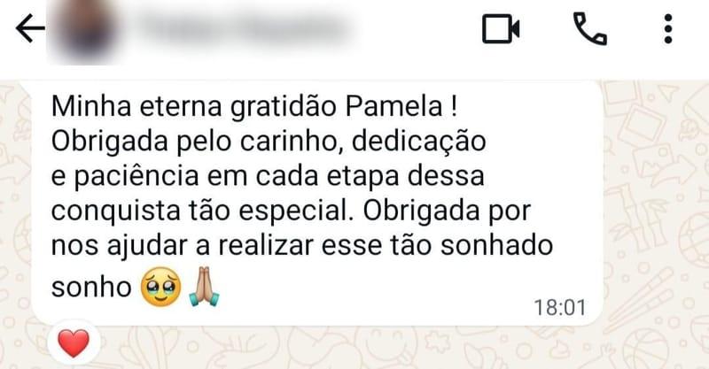 Mensagem de agradecimento de um cliente para a Pamela Gomes